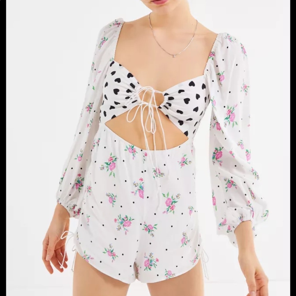 For Love & Lemons White Floral Cutout Romper with Black Heart Detail